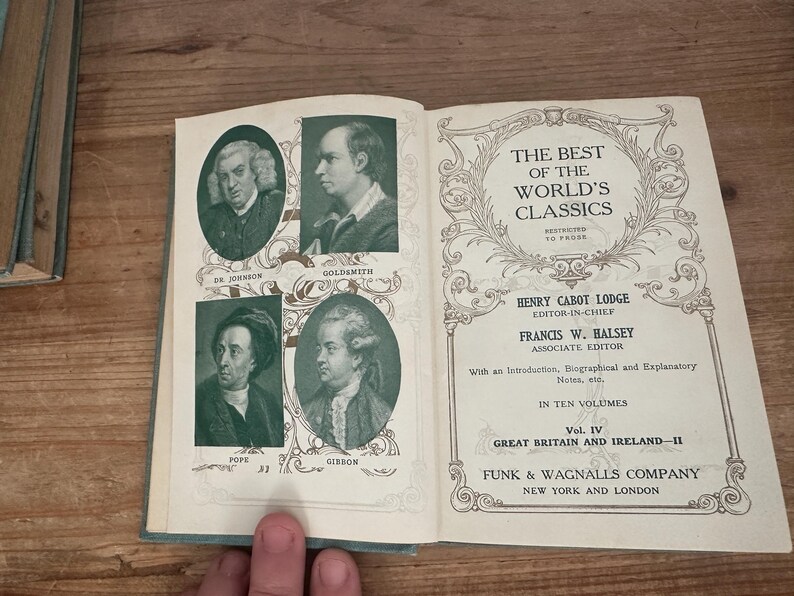 May include: Open book with portraits of historical figures and the title "The Best of the World's Classics." The book is Volume IV, Great Britain and Ireland-II, published by Funk & Wagnalls Company.