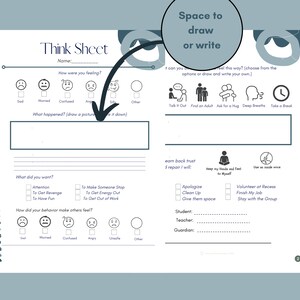 May include: A black and white printable worksheet titled "Think Sheet" with sections for a student to reflect on their feelings, what happened, what they wanted, and how their behaviour made others feel. The worksheet includes space for drawing or writing.