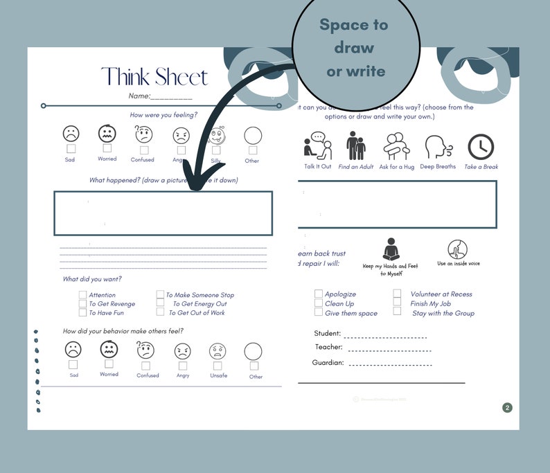 May include: A black and white printable worksheet titled "Think Sheet" with sections for a student to reflect on their feelings, what happened, what they wanted, and how their behaviour made others feel. The worksheet includes space for drawing or writing.