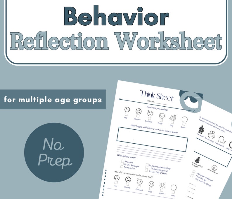 May include: A printable behaviour reflection worksheet for multiple age groups. The worksheet features a think sheet with a cat illustration and a series of questions to help children reflect on their feelings, actions, and motivations. The worksheet also includes a section for drawing or writing about what happened.