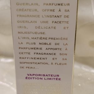 May include: A white perfume box with French text. The text describes a winter fragrance with iris notes, a creation of Guerlain. The box reads "Vaporisateur &Eacute;dition Limit&eacute;e".