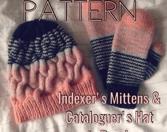 PATTERN - Striped mittens and cable hat knitting pattern - Cataloguer's Hat - Indexer's Mittens - Peach