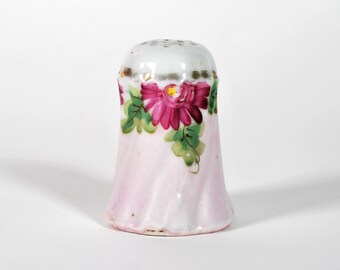 Single Salt or Pepper Shaker/ Sifter / Castor - Antique Porcelain - Hand-painted, Pink Flowers