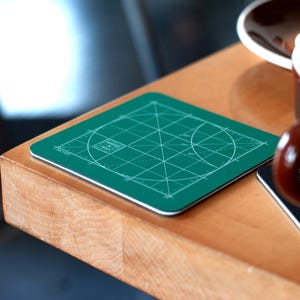 Puede incluir: Un posavasos circular verde en forma de transportador con líneas y números blancos. El posavasos está sobre una mesa de madera junto a una taza de café marrón y un posavasos negro con un diseño geométrico.