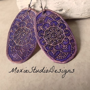 Purple Mandala Earrings, Copper Boho Earrings, Etched Copper Earrings, Rustic Earrings, Ethnic Earrings, Unique Earrings image 1