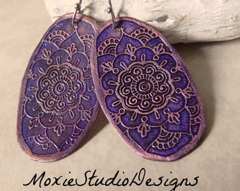 Purple Mandala Earrings, Copper Boho Earrings, Etched Copper Earrings, Rustic Earrings, Ethnic Earrings, Unique Earrings