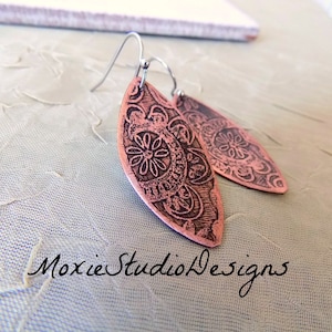 Artisan Copper Boho Earrings, Etched Copper Earrings, Light Weight Copper Earrings, Unique Earrings, Bohemian Jewelry