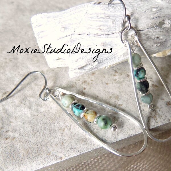 African Turquoise Earrings, Light weight earrings, Boho Dangle Earrings, turquoise Artisan Earrings, Boho Jewelry, Silver Hoop Earrings