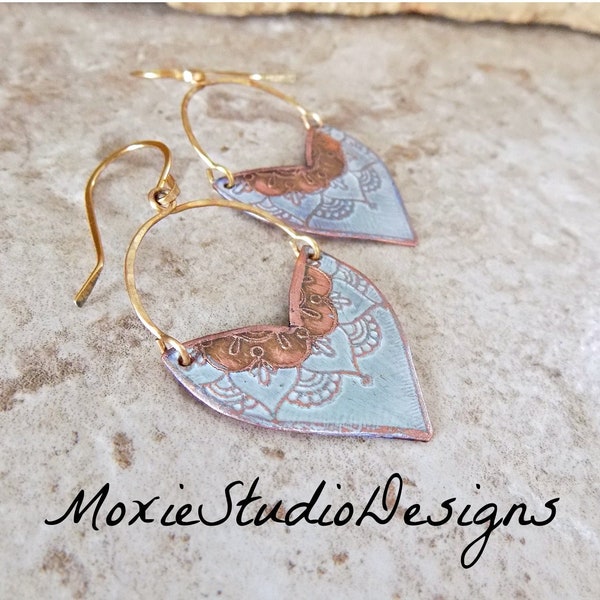 Rustic Mandala Hoop Earrings, Boho Chic, Hand Etched and Painted,  Unique Earrings, Bohemian Earrings, Statement Earrings