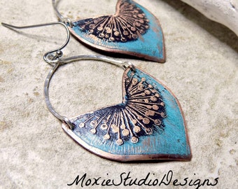 Rustic Turquoise Blue Dandelion Hoop Earrings, Copper Boho Earrings,  Unique Earrings, Bohemian Earrings, Boho Earrings