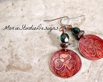 Rustic Copper Shamrock Earrings,  Clover Earrings, St. Patrick's Day Earrings, Shamrock Jewelry, Lucky Clover Earrings, Irish Earrings