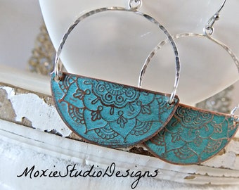 Half Circle Boho Hoop Earrings,Patina Turquoise Mandala Earrings, Boho Hoops, Mixed Metal Hoop Earrings, Bohemian Earrings, Etched Copper