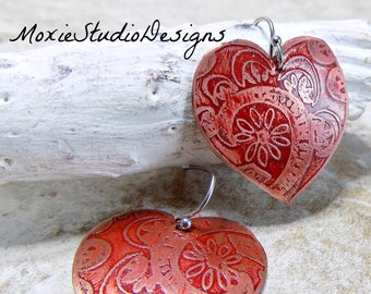 Boho Red Heart Earrings, Etched Copper Heart Earrings, Valentine Earrings, Rustic Heart Earrings, Boho Jewelry, Valentine Heart Earrings