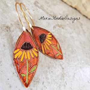 Yellow Flower Earrings, Hand Etched and Painted, Boho Dangle Earrings, Statement Earrings, Hippie Earrings, Unique Earrings