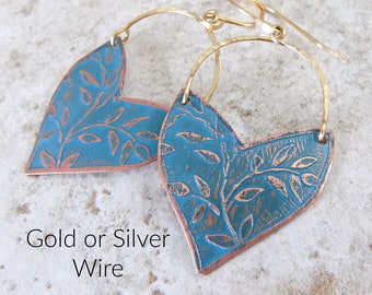 Rustic Leaf Hoop Earrings, Blue Boho Chic, Hand Etched and Painted, Unique Earrings, Bohemian Earrings, Statement Earrings