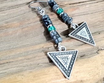 Silver Dangle Earrings, Labradorite and Turquoise Earrings, Rustic Earrings, Triangle Arrow Earrings, Hippie Dangle Earrings