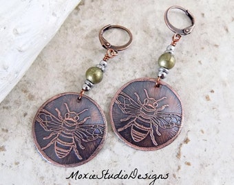 Hand Etched Bee Earrings, Mixed Metal Earrings, Boho Dangle Earrings, Boho Copper, Bohemian Earrings, Boho Earrings, Etched Copper Earrings