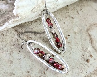 Merlot Czech Glass Dangle Earrings, Silver Dangle Earrings, Dainty Earrings,  Boho Jewelry, Silver Hoop Earrings