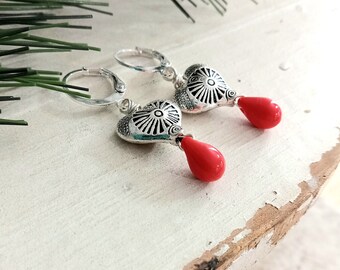 Silver Heart Earrings with Red dangle, Tibetan heart earrings, Lever back boho earrings, silver dangle earrings, Valentine Earrings