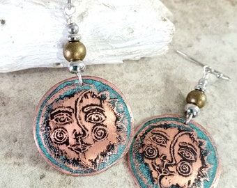 Sun and Moon Earrings, Rustic Etched Copper Earrings, Sun/Moon Face Earrings, Unique hand made earrings, Celestial Earrings, Copper Dangle