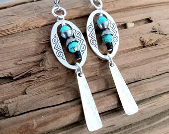 Natural Turquoise Earrings, Light weight earrings, Boho Dangle Earrings, turquoise Artisan Earrings, Boho Jewelry, Silver Ethnic Earrings