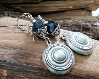 Silver and Black Earrings, Silver Dangle Earrings, Silver Boho Earrings, Tribal Earrings, Ethnic Earrings