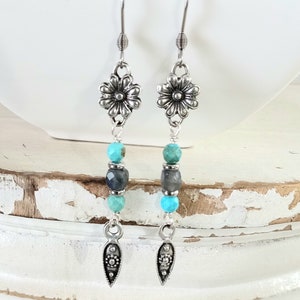 Silver Dangle Earrings, Turquoise and Labradorite, Gemstone Dangle Earrings, Gemstone Boho Earrings, Silver and Turquoise Earrings image 2