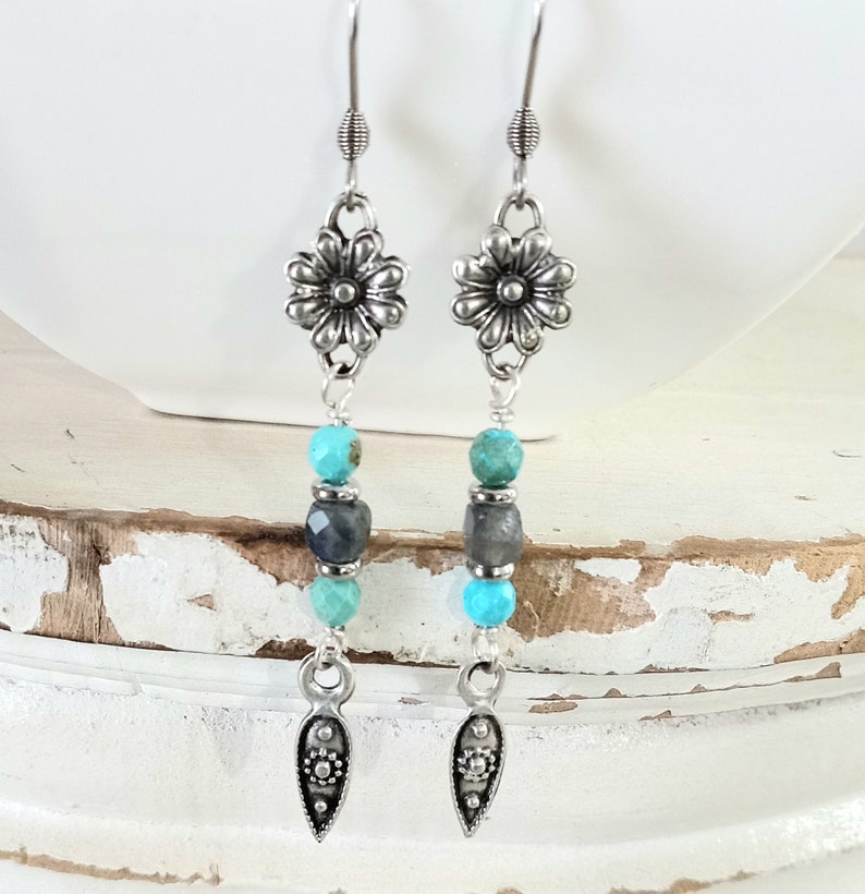 Silver Dangle Earrings, Turquoise and Labradorite, Gemstone Dangle Earrings, Gemstone Boho Earrings, Silver and Turquoise Earrings image 2