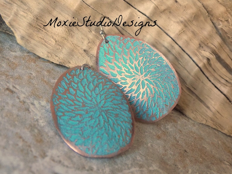 Turquoise and Copper Earrings , Unique Earrings, Artisan Earrings, Boho Copper, Bohemian Earrings, Boho Earrings, Etched Copper Earrings image 3