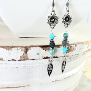 Silver Dangle Earrings, Turquoise and Labradorite, Gemstone Dangle Earrings, Gemstone Boho Earrings, Silver and Turquoise Earrings image 3