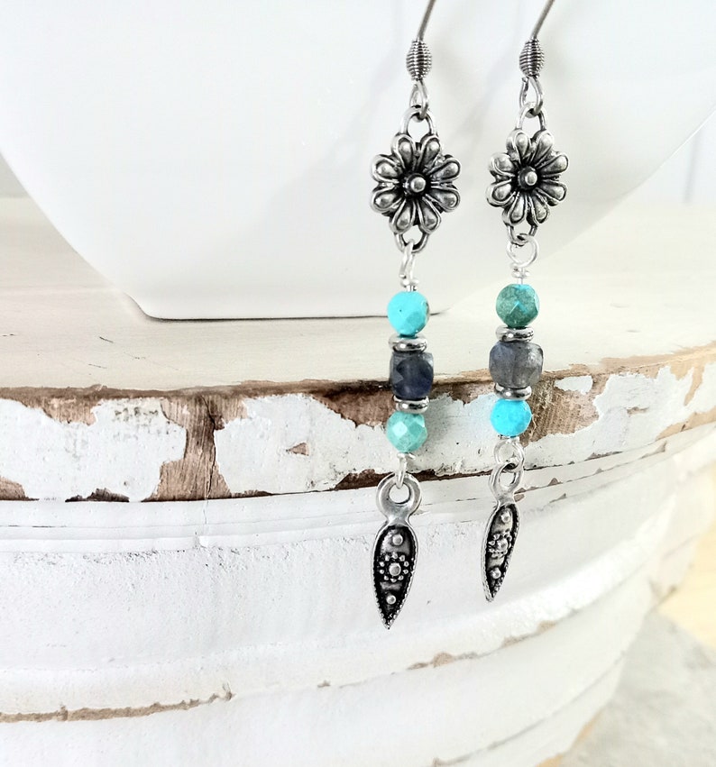 Silver Dangle Earrings, Turquoise and Labradorite, Gemstone Dangle Earrings, Gemstone Boho Earrings, Silver and Turquoise Earrings image 3