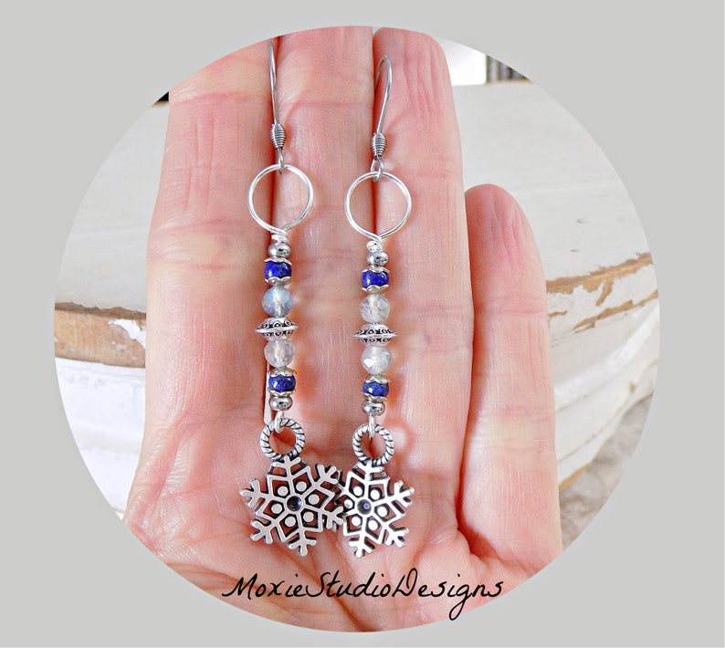 Boho Snowflake Silver Dangle Earrings, Labradorite and Lapis Lazuli Earrings, Winter Dangle Earrings, Bohemian Earrings image 2