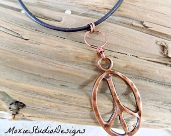 Peace Sign Hippie Necklace, Boho Necklace, Leather Necklace, Layering Necklace, Boho Jewelry, Bohemian Necklace, Bohemian Jewelry