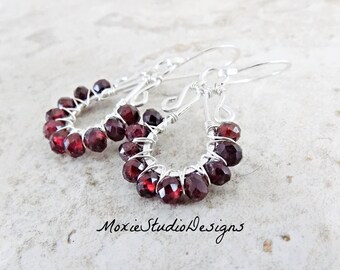 Small Garnet Hoop Earrings, Boho Hoop Earrings, Boho Earrings, Garnet and Silver Hoop Earrings, Boho Hoops, Gemstone Earrings