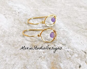 Minimalist Earrings, Amethyst Earrings, February Birthstone Earrings, 14K Gold and Amethyst Earrings Hammered Gold,Amethyst Artisan Earrings