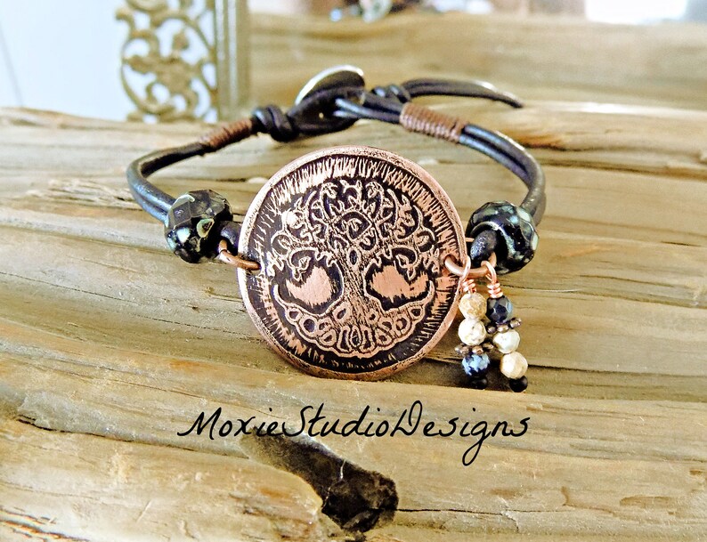 Dainty Tree of Life Bracelet, Rustic Boho leather bracelet, Etched Copper Bracelet, Boho Bracelet, Boho Jewelry, Unique Bracelet image 5