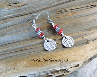 Tiny Pine Tree Earrings, Mountain Scene Earrings, Red Minimalist earrings, Silver Boho Earrings, Silver Dangle Earrings