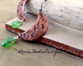 Whimsical Crescent Moon Earrings, Celestial Earrings, Copper Earrings, Mixed Metal Earrings, Boho Earrings, Hippie Earrings