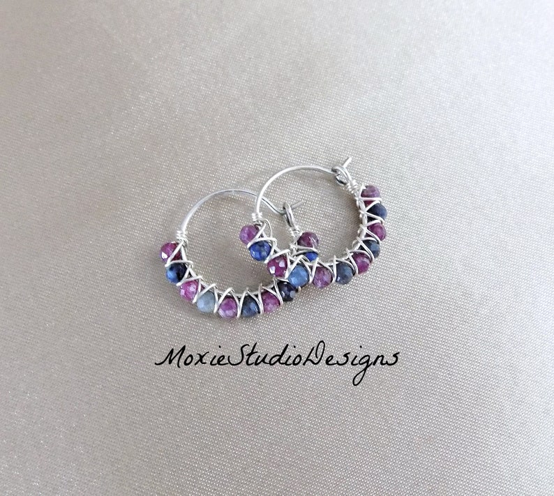 Tiny RAW Gemstone Hoops, Raw Sapphire and Ruby Earrings, Dainty Gemstone hoop Earrings, Artisan Hoops, Gemstone Earrings, Boho Jewelry image 3