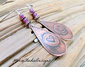 RAW Ruby Heart Earrings, Etched Copper Heart Earrings, Valentine Earrings, Rustic Heart Earrings, Boho Jewelry, Valentine Heart Earrings