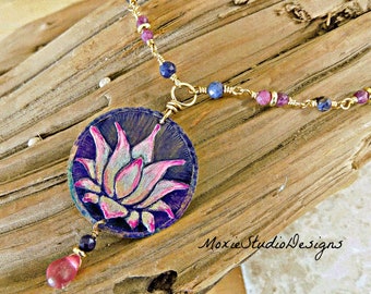 Womens Long Boho Necklace, Lotus Flower Necklace, Hand Etched and Painted, Ruby and Sapphire Statement Necklace, Unique Necklace