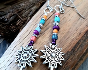 Boho Beaded Dangle Earrings, Colorful Beaded Earrings, Sun Earrings, Celestial Earrings, Hippie Dangle Earrings