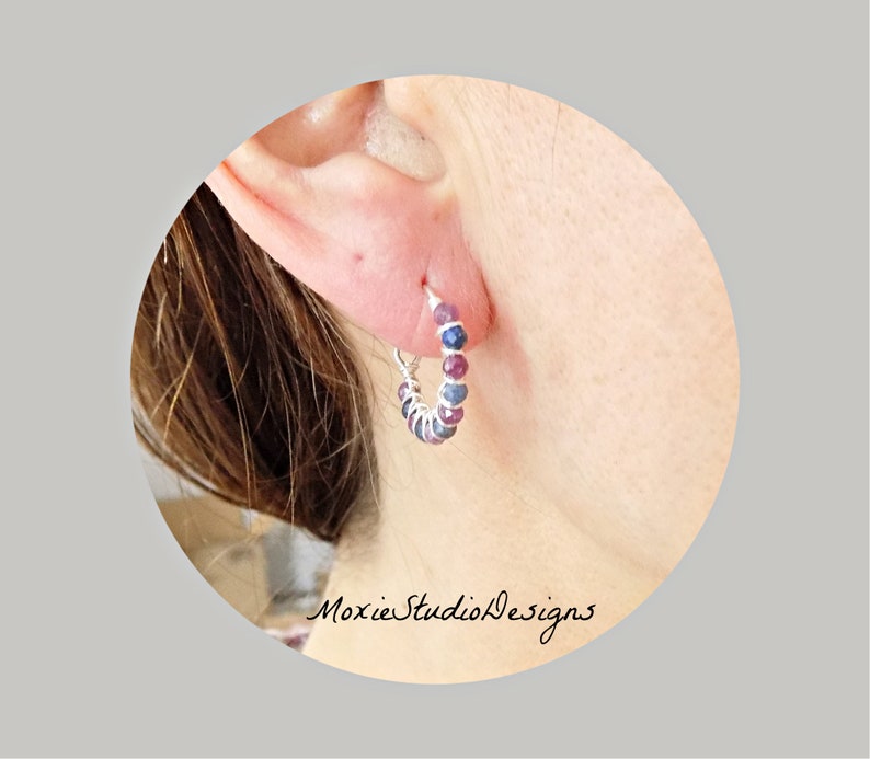 Tiny RAW Gemstone Hoops, Raw Sapphire and Ruby Earrings, Dainty Gemstone hoop Earrings, Artisan Hoops, Gemstone Earrings, Boho Jewelry image 4