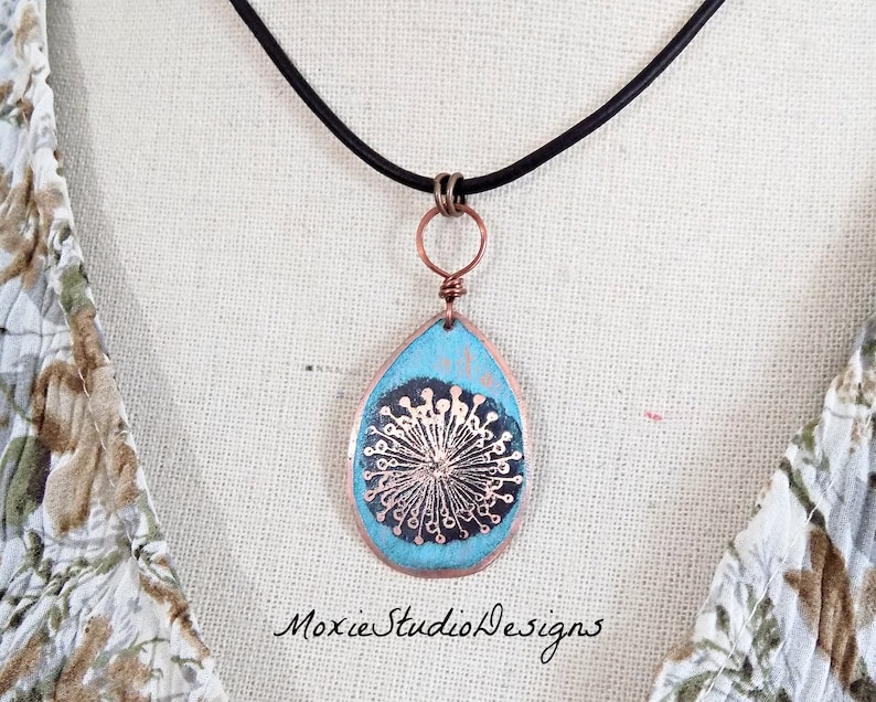 Rustic Dandelion Necklace, Womens Leather Necklace, Rustic Necklace, Boho Necklace, Boho Jewelry, Necklaces for Women, Artisan Necklace image 2