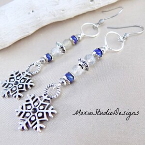 Boho Snowflake Silver Dangle Earrings, Labradorite and Lapis Lazuli Earrings, Winter Dangle Earrings, Bohemian Earrings image 1