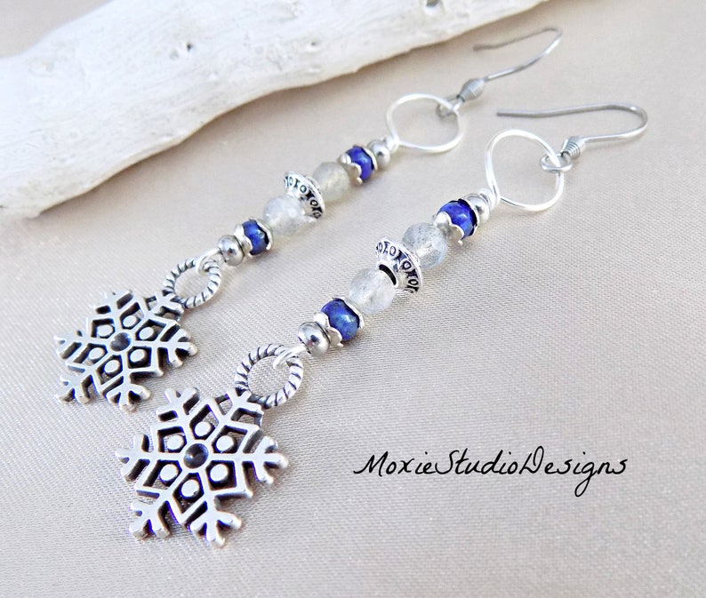 Boho Snowflake Silver Dangle Earrings, Labradorite and Lapis Lazuli Earrings, Winter Dangle Earrings, Bohemian Earrings image 1