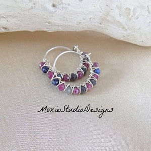 Tiny RAW Gemstone Hoops, Raw Sapphire and Ruby Earrings, Dainty Gemstone hoop Earrings, Artisan Hoops, Gemstone Earrings, Boho Jewelry image 2