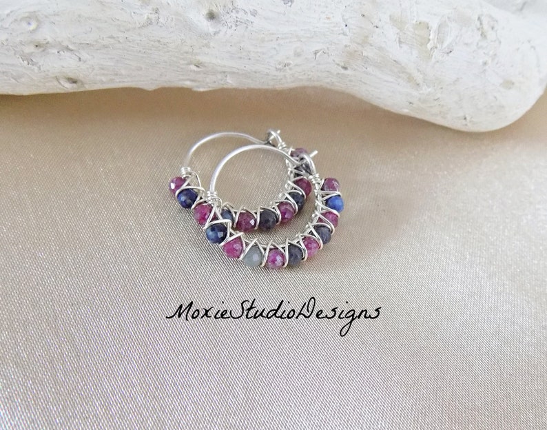 Tiny RAW Gemstone Hoops, Raw Sapphire and Ruby Earrings, Dainty Gemstone hoop Earrings, Artisan Hoops, Gemstone Earrings, Boho Jewelry image 2