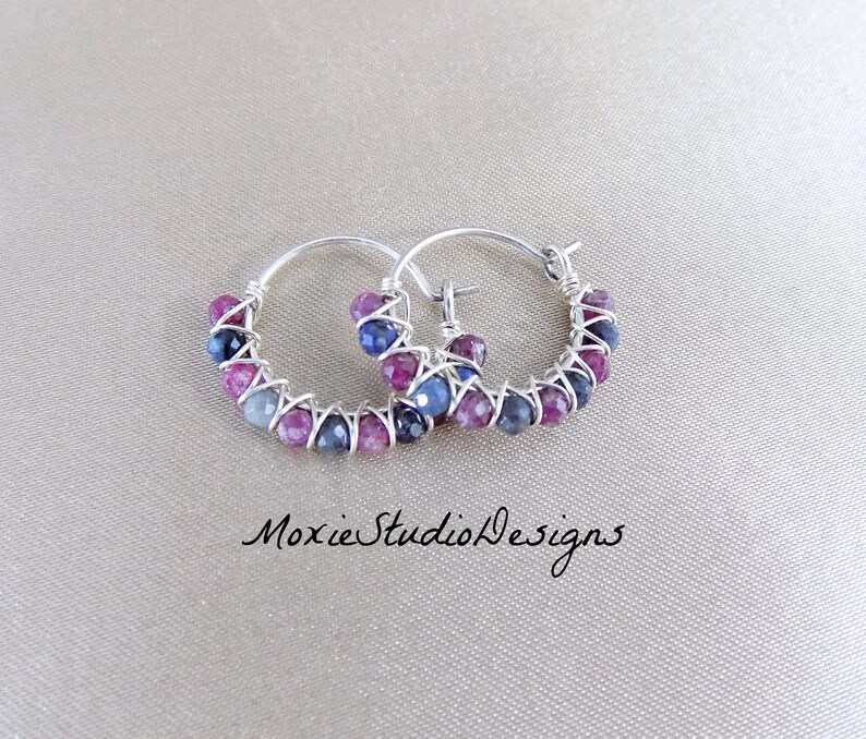 Tiny RAW Gemstone Hoops, Raw Sapphire and Ruby Earrings, Dainty Gemstone hoop Earrings, Artisan Hoops, Gemstone Earrings, Boho Jewelry image 5