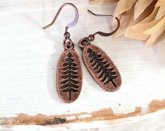 Dainty Pine Tree Dangle Earrings, Copper Dangle Earrings, Minimal Earrings, Outdoor lover gift idea, Simple Earrings